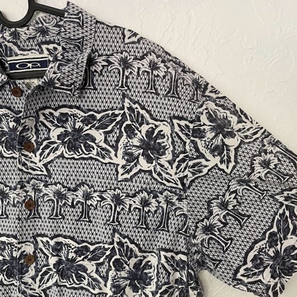 Vintage OP Hawaiian Print Button Down Shirt - Dark Blue Print on White (Large) - Picture 1 of 5